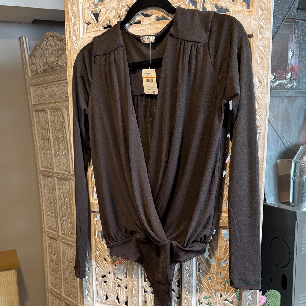 Free People Black Long-Sleeve Wrap Bodysuit with Front Knot
